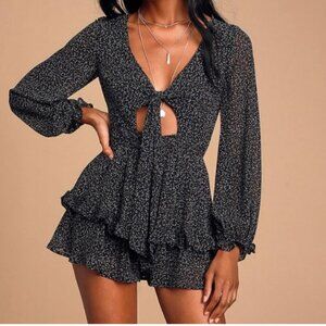 Lulu's Cammy Black White Print Tie-Front Ruffle V-neck Long Sleeve Skort Romper